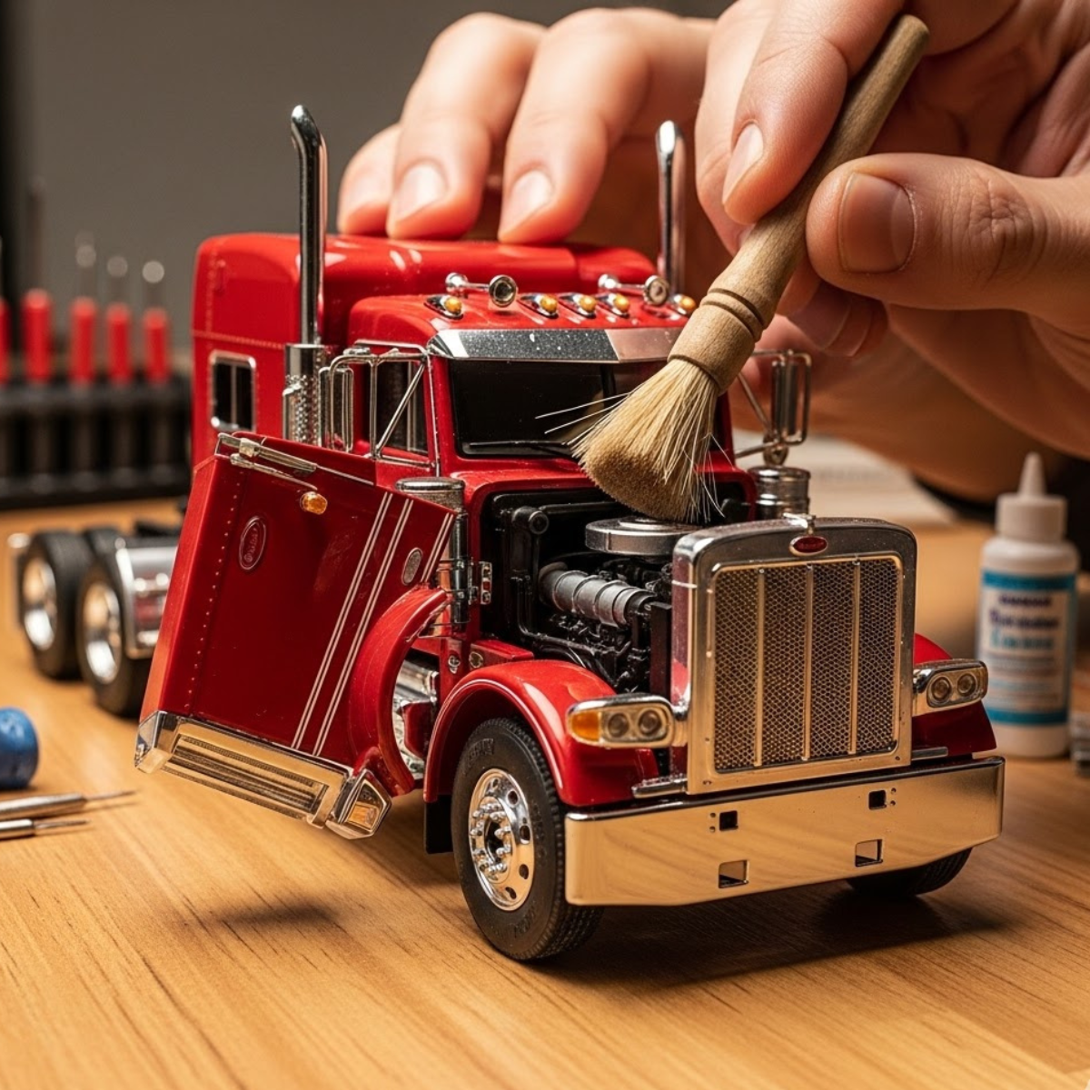Colecionador utilizando pincel de cerdas macias para remover a poeira de uma miniatura de caminhão detalhada da Drive Collection